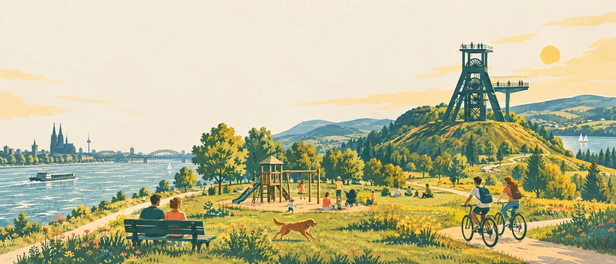 Illustration: Rhein mit Kölner Dom, Spielplatz im Park, Radfahrer und ein Förderturm auf einer Halde